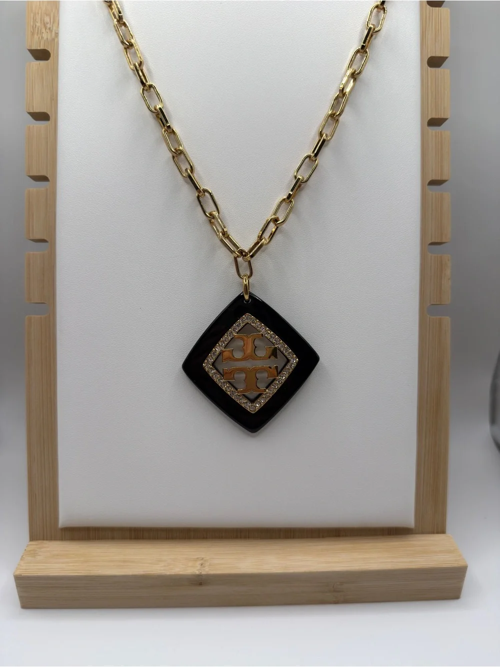 Tory Burch Black Enamel & Gold Logo Pendant Necklace